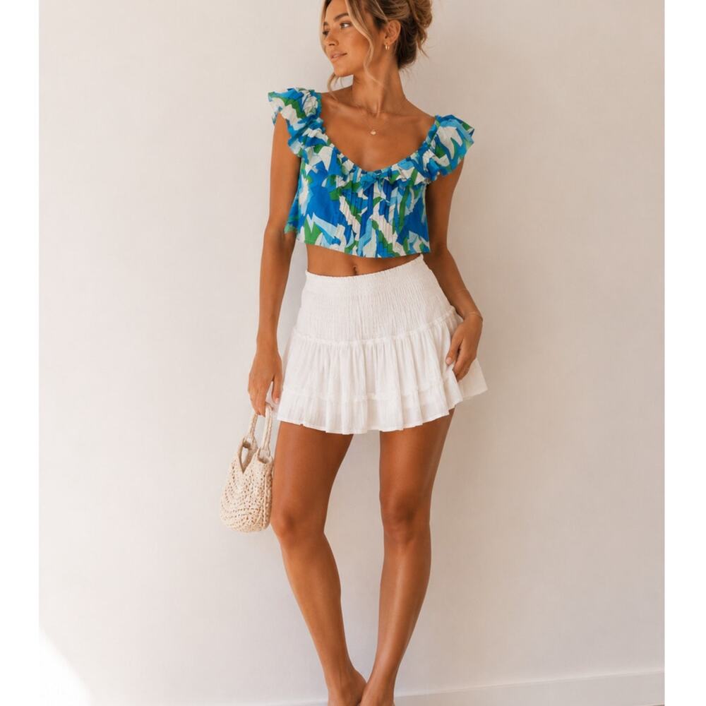 Maeve Anthropologie Blue Green Floral Crop Top Womens XSP Ruffled Pleated Shirt